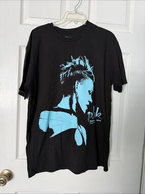 Celebrity Pink Black Tee with Light Blue Portrait Graphic